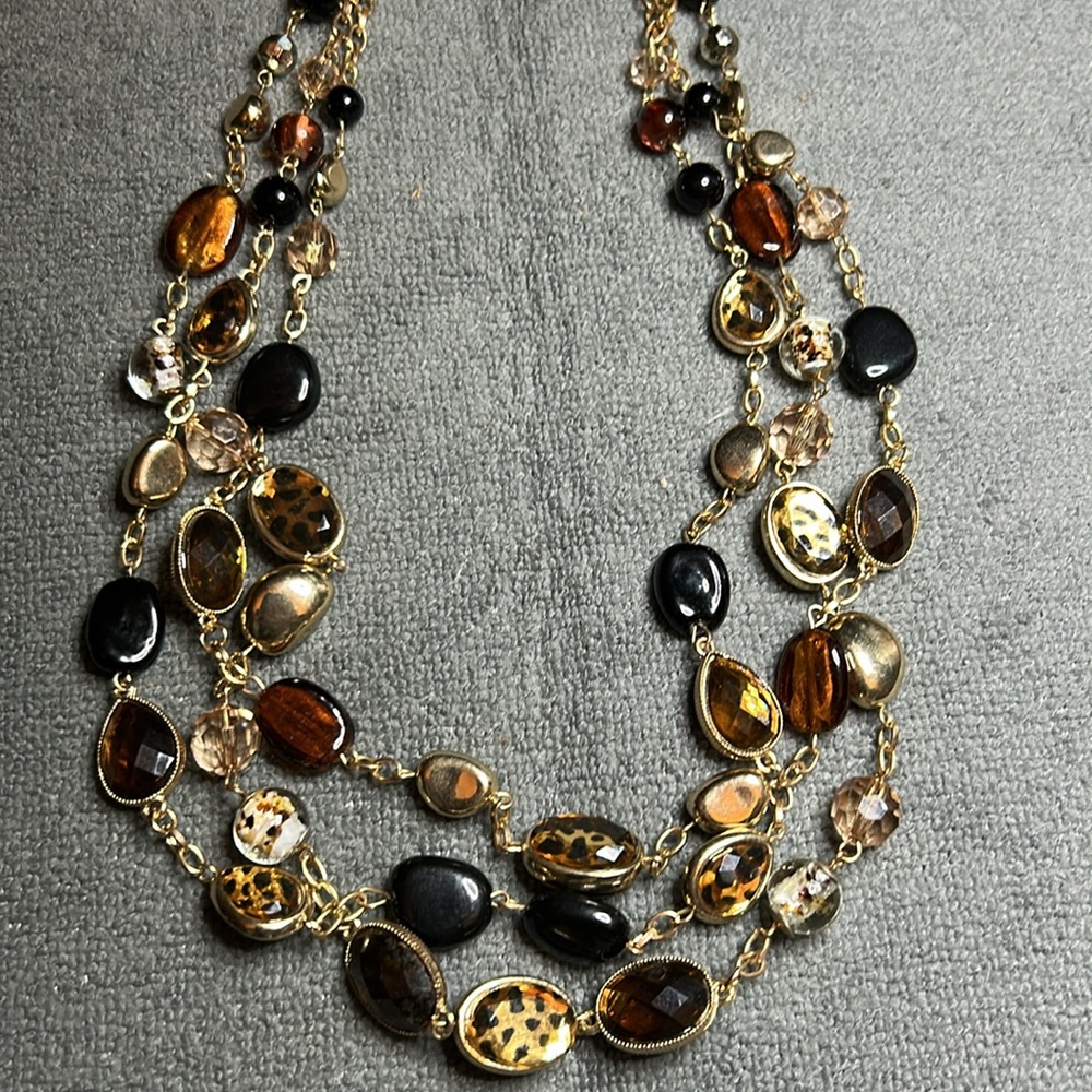 Elegant Multi-Color 3 Stranded Glass Amber colored Beaded Necklace